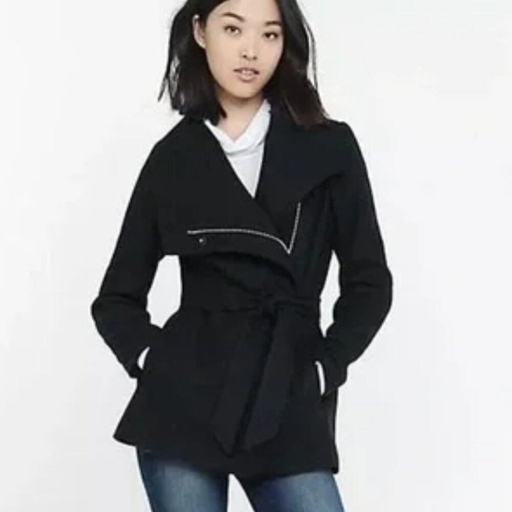 EXPRESS Women's Elegant Belted Black Winter Coat Wool Blend Size XS Asymmetrical
